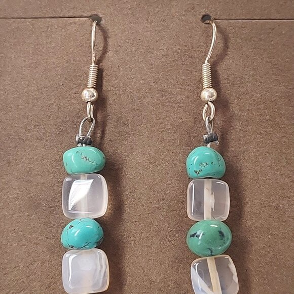 Native American Turquoise Agate Beaded Earrings Dangle Sterling Silver Stone 2" - Picture 8 of 9